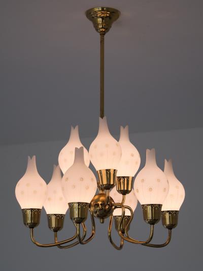 Swedish Modern Nine Arm Chandelier in Brass and Decorated Opal Glass 1950s