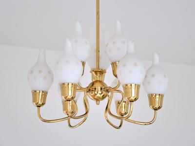 Swedish Modern Nine Arm Chandelier in Brass and Decorated Opal Glass 1950s