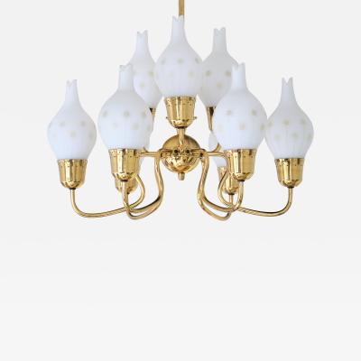 Swedish Modern Nine Arm Chandelier in Brass and Decorated Opal Glass 1950s