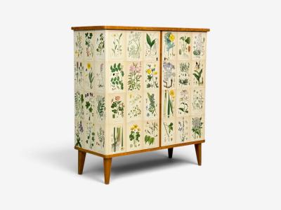 Swedish Modern Nordens Flora Cabinet Birch Floral Lithographs Sweden 1940s