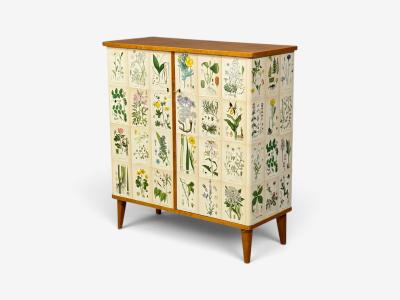Swedish Modern Nordens Flora Cabinet Birch Floral Lithographs Sweden 1940s