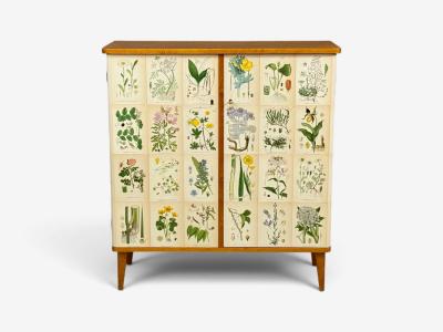 Swedish Modern Nordens Flora Cabinet Birch Floral Lithographs Sweden 1940s