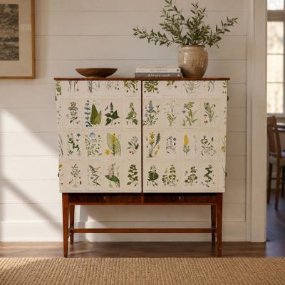 Swedish Modern Nordens Flora Cabinet Birch Floral Lithographs Sweden 1940s