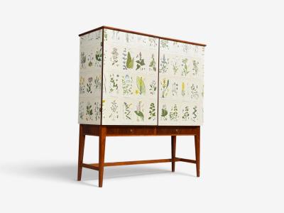 Swedish Modern Nordens Flora Cabinet Birch Floral Lithographs Sweden 1940s