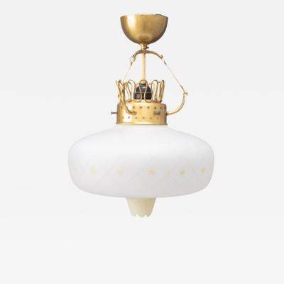 Swedish Modern Opal Glass Patinated Brass Pendant Light Sweden 1940s