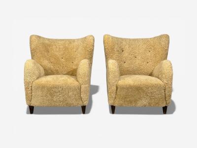 Swedish Modern Organic Lounge Chairs Shearling Wood Sweden 1940s