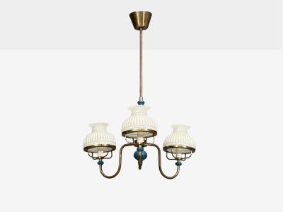 Swedish Modern Pendant Light Blue Lacquered Wood Glass Brass Sweden 1940s