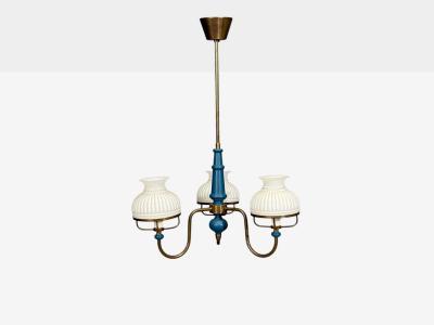 Swedish Modern Pendant Light Blue Lacquered Wood Glass Brass Sweden 1940s