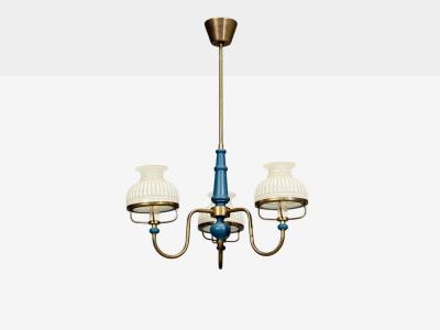 Swedish Modern Pendant Light Blue Lacquered Wood Glass Brass Sweden 1940s