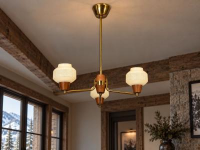 Swedish Modern Pendant Light Brass Teak Textured Glass Sweden 1950s