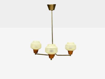 Swedish Modern Pendant Light Brass Teak Textured Glass Sweden 1950s