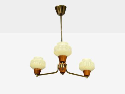 Swedish Modern Pendant Light Brass Teak Textured Glass Sweden 1950s