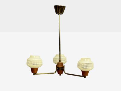 Swedish Modern Pendant Light Brass Teak Textured Glass Sweden 1950s