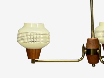 Swedish Modern Pendant Light Brass Teak Textured Glass Sweden 1950s