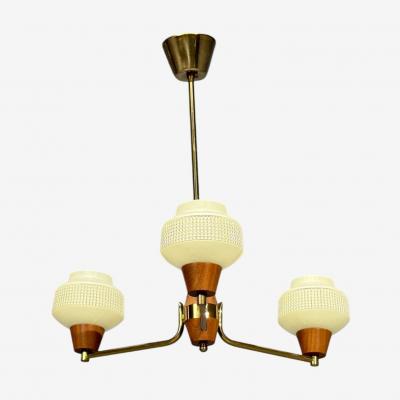 Swedish Modern Pendant Light Brass Teak Textured Glass Sweden 1950s