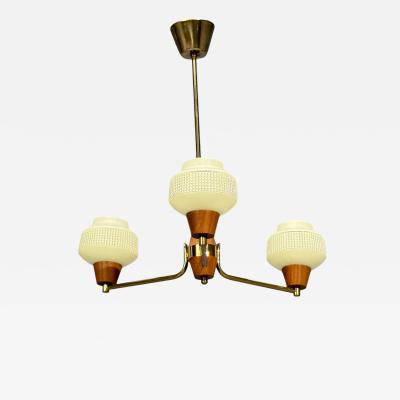 Swedish Modern Pendant Light Brass Teak Textured Glass Sweden 1950s