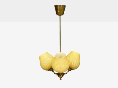 Swedish Modern Pendant Light Brass Textured Glass Sweden 1940s