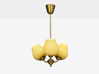 Swedish Modern Pendant Light Brass Textured Glass Sweden 1940s