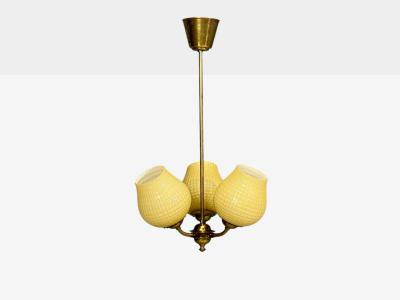 Swedish Modern Pendant Light Brass Textured Glass Sweden 1940s