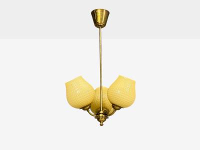 Swedish Modern Pendant Light Brass Textured Glass Sweden 1940s