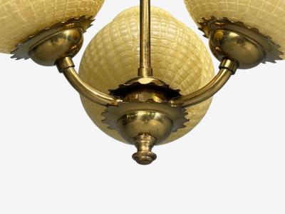 Swedish Modern Pendant Light Brass Textured Glass Sweden 1940s
