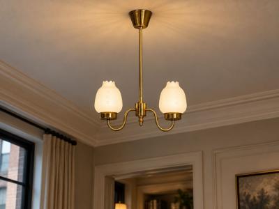 Swedish Modern Pendant Light Etched Opal Glass Brass Sweden 1950s