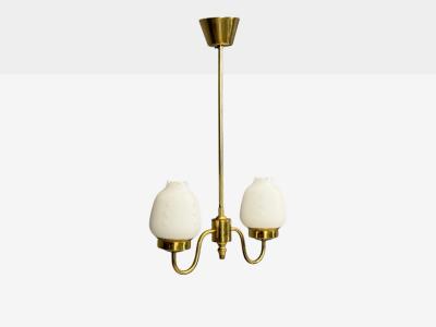 Swedish Modern Pendant Light Etched Opal Glass Brass Sweden 1950s