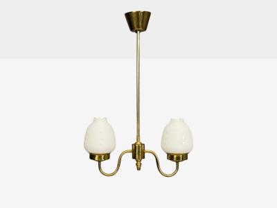 Swedish Modern Pendant Light Etched Opal Glass Brass Sweden 1950s