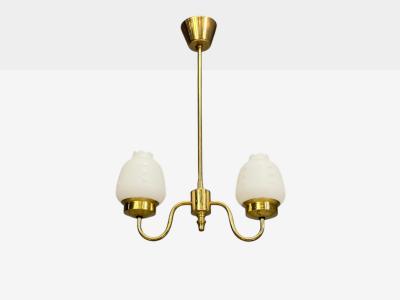 Swedish Modern Pendant Light Etched Opal Glass Brass Sweden 1950s