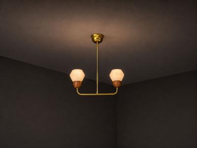 Swedish Modern Pendant Light Teak Opal Glass Brass Sweden 1960s