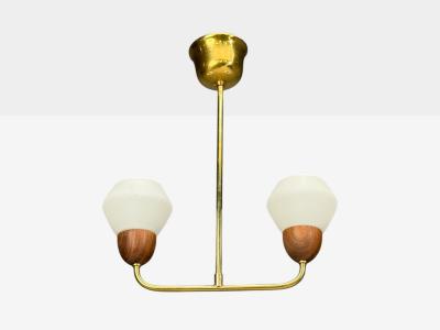 Swedish Modern Pendant Light Teak Opal Glass Brass Sweden 1960s
