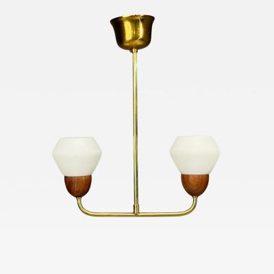 Swedish Modern Pendant Light Teak Opal Glass Brass Sweden 1960s