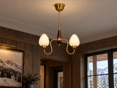 Swedish Modern Pendant Light Wood Brass Glass 1960s
