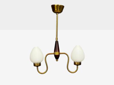 Swedish Modern Pendant Light Wood Brass Glass 1960s