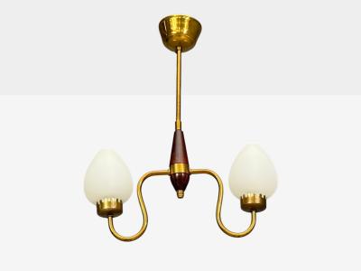 Swedish Modern Pendant Light Wood Brass Glass 1960s