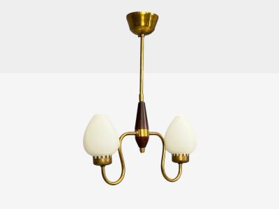 Swedish Modern Pendant Light Wood Brass Glass 1960s