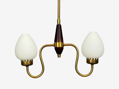 Swedish Modern Pendant Light Wood Brass Glass 1960s