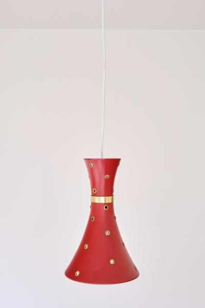 Swedish Modern Red Pendant Light with Perforated Brass Details 1950s