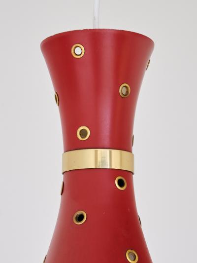 Swedish Modern Red Pendant Light with Perforated Brass Details 1950s