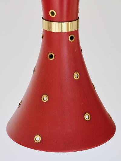 Swedish Modern Red Pendant Light with Perforated Brass Details 1950s