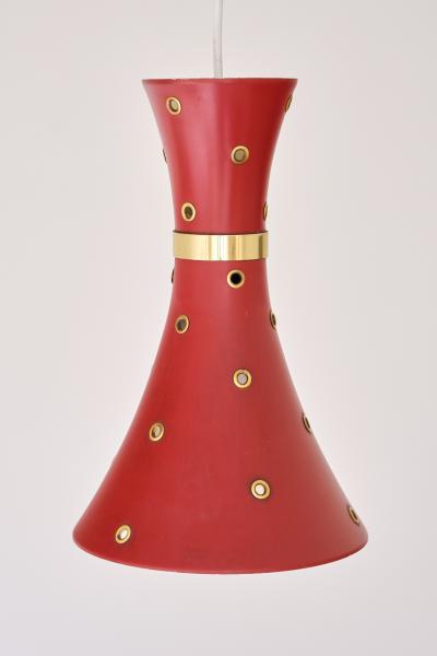 Swedish Modern Red Pendant Light with Perforated Brass Details 1950s