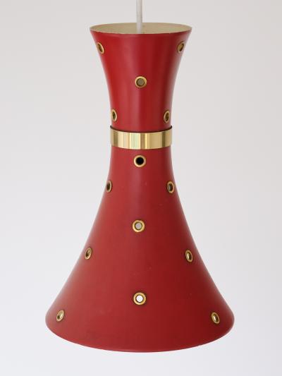 Swedish Modern Red Pendant Light with Perforated Brass Details 1950s