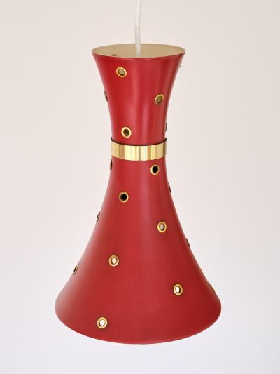 Swedish Modern Red Pendant Light with Perforated Brass Details 1950s