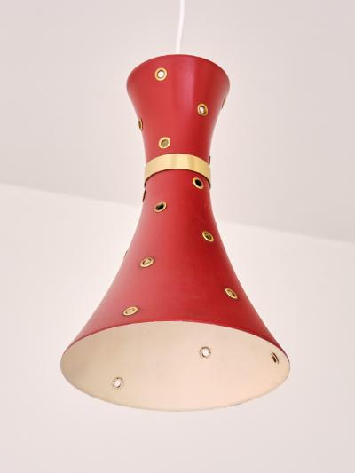 Swedish Modern Red Pendant Light with Perforated Brass Details 1950s