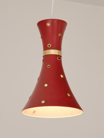 Swedish Modern Red Pendant Light with Perforated Brass Details 1950s