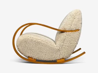 Swedish Modern Rocking Chair Elmwood Beige Shearling Sweden 1940s