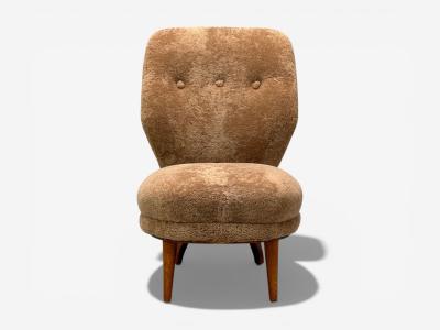 Swedish Modern Slipper Chair Brown Sheepskin Birch Sweden 1950s
