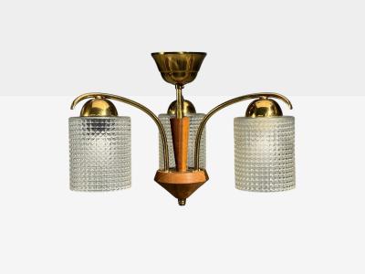 Swedish Modern Small Pendant Light Brass Teak Textured Glass Sweden 1950s
