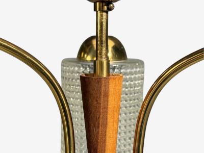 Swedish Modern Small Pendant Light Brass Teak Textured Glass Sweden 1950s