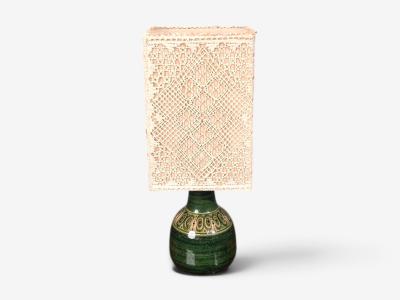 Swedish Modern Table Lamp Green Glazed Stoneware Crochet Shade Sweden 1976
